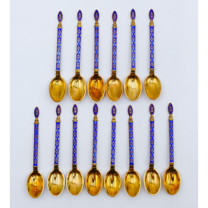 2 Sets Tostrup Norwegian Enameled Sterling Demi Spoons in Boxes