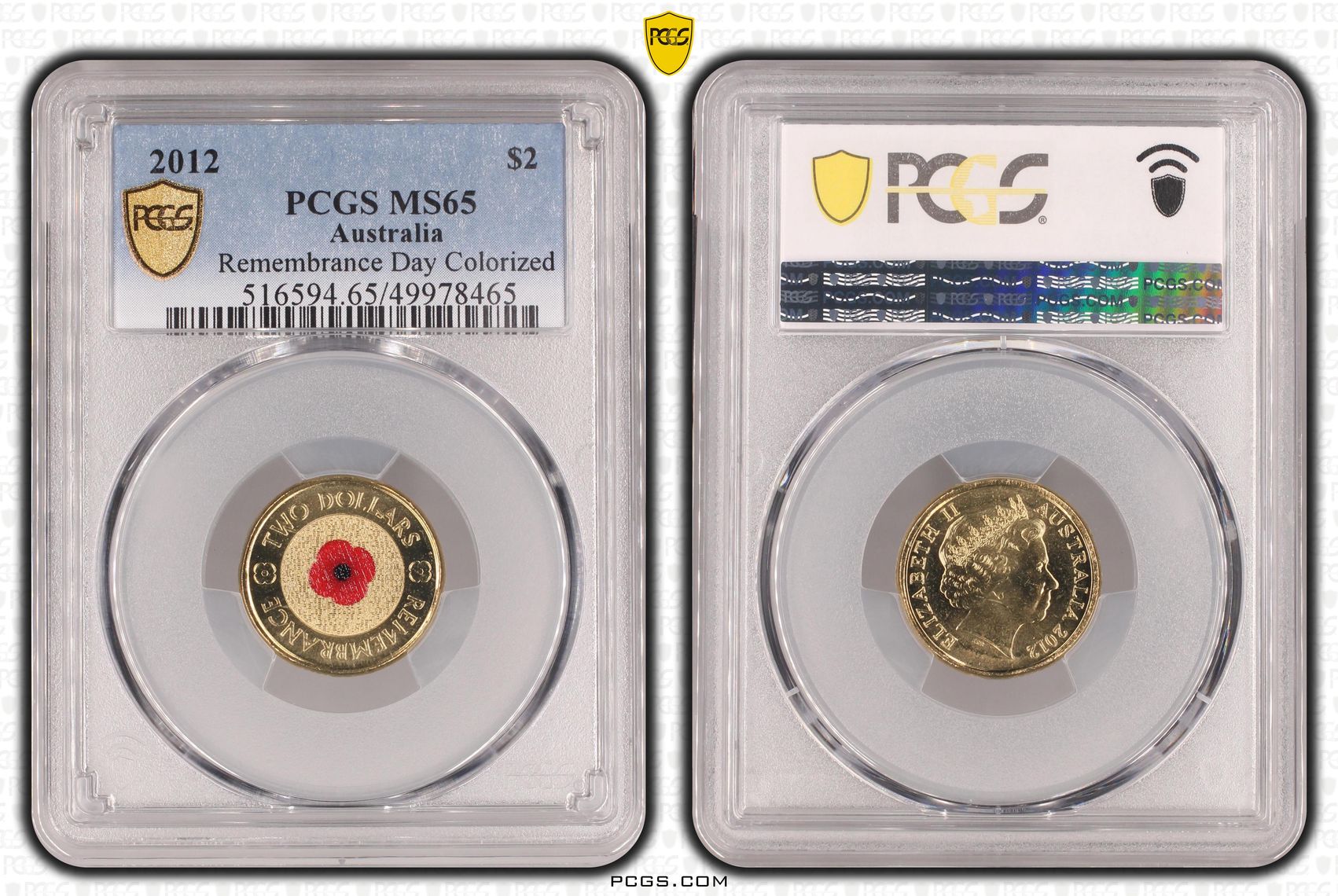 366 · Remembrance Day Colourised Red Poppy, Two Dollar, 2012, PCGS MS65