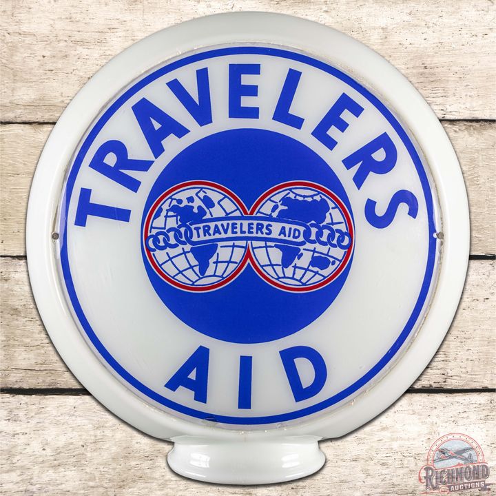 Travelers Aid 13.5" Complete Milk Glass Advertising Globe w/ Logo