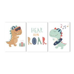Canvas Nursery Wall Art: Dino Dudes Hear Him Roar Set of 3 x A3 size prints on Ready To Hang frame|