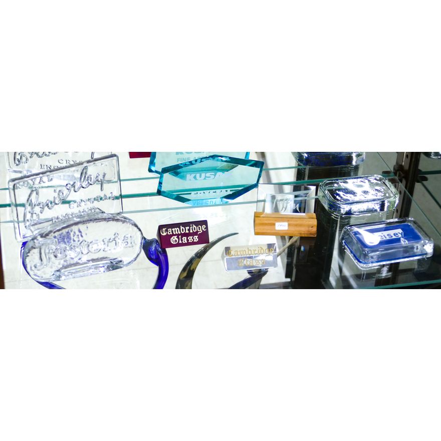Shelf 8pc Glass Collector Dealer Sign Plaques - Largest 6''
