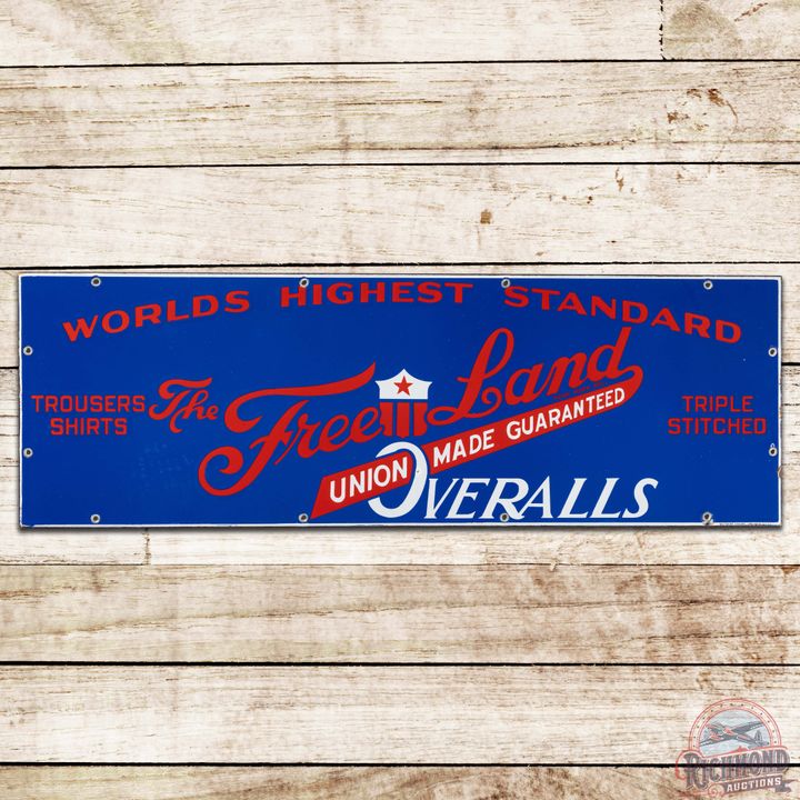 Free Land Union Made Guaranteed Overalls SS Porcelain Sign w/ Logo