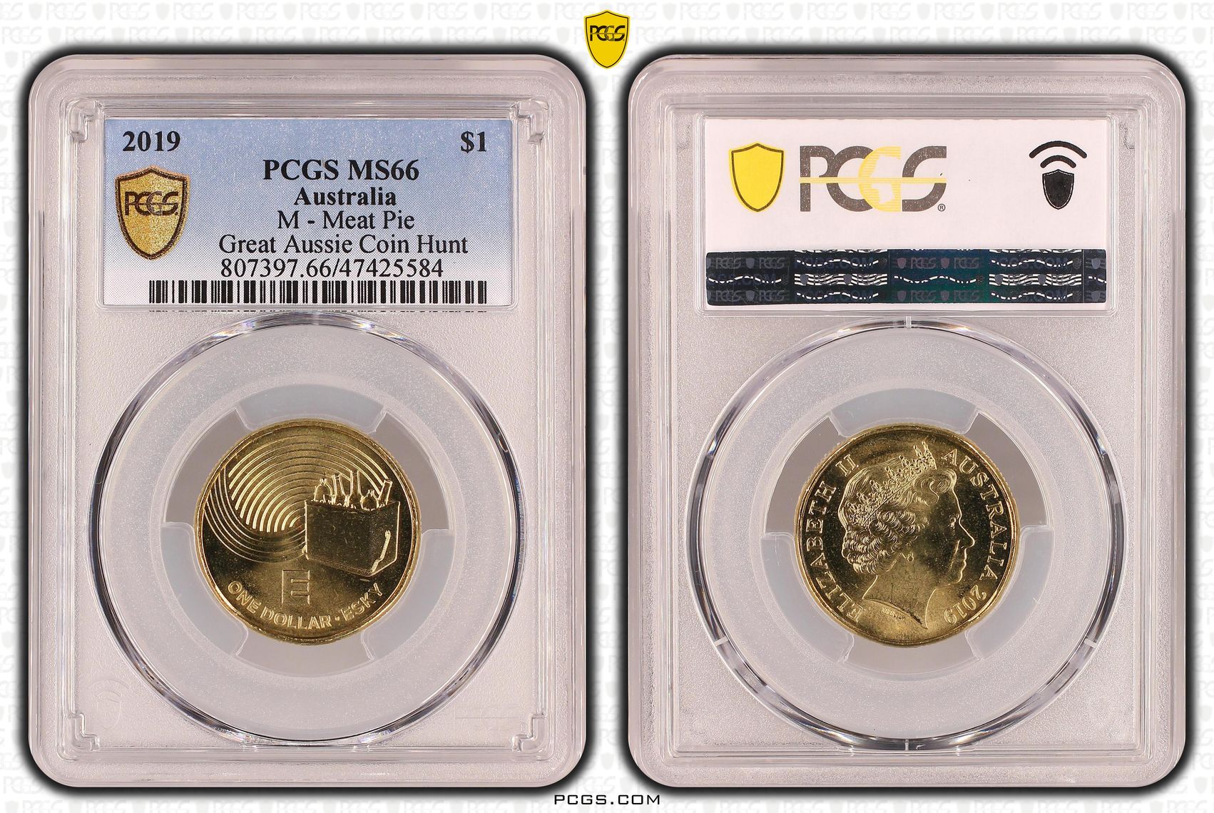 M - Meat Pie Great Aussie Coin Hunt, One Dollar, 2019, PCGS MS 66
