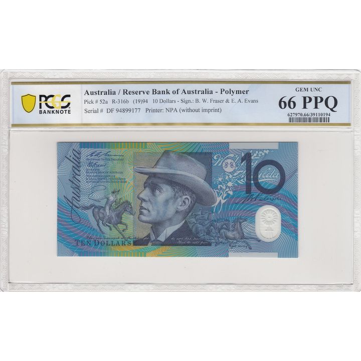 1994 Australia $10 Banknote Fraser/Evans Gem Unc 66 PPQ Last Prefix Grey Dobell - R.316b