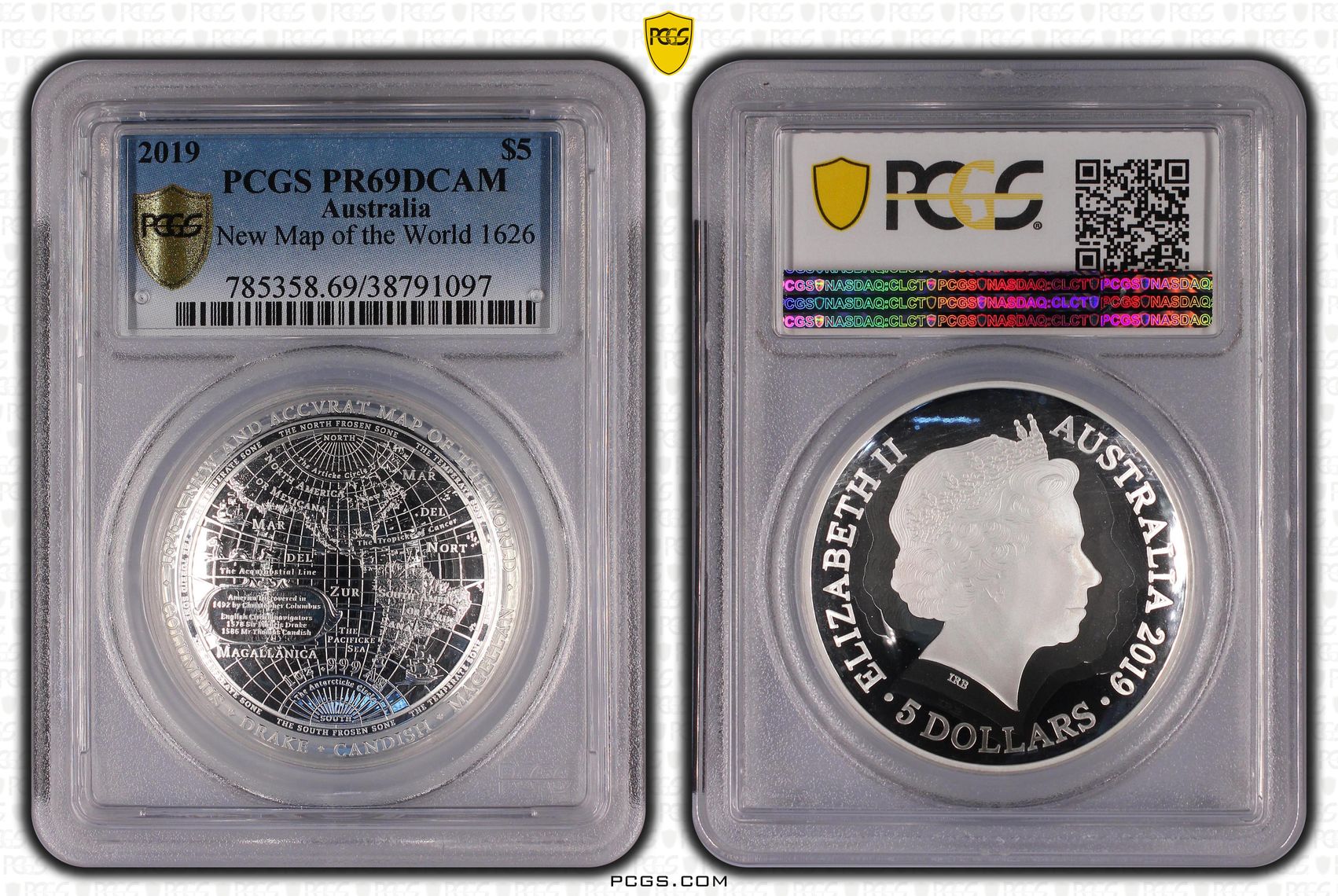 2019 Australia Five Dollar, $5 Silver Proof New Map of the World 1812 PCGS - PR69DCAM -097
