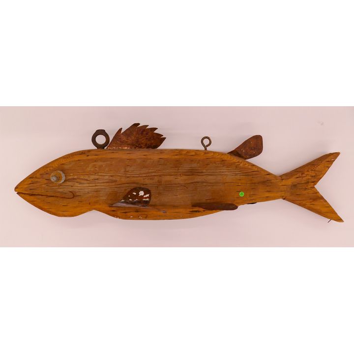Large Folk Art Wood & Copper Hanging Fish Sculpture- 16x53''
