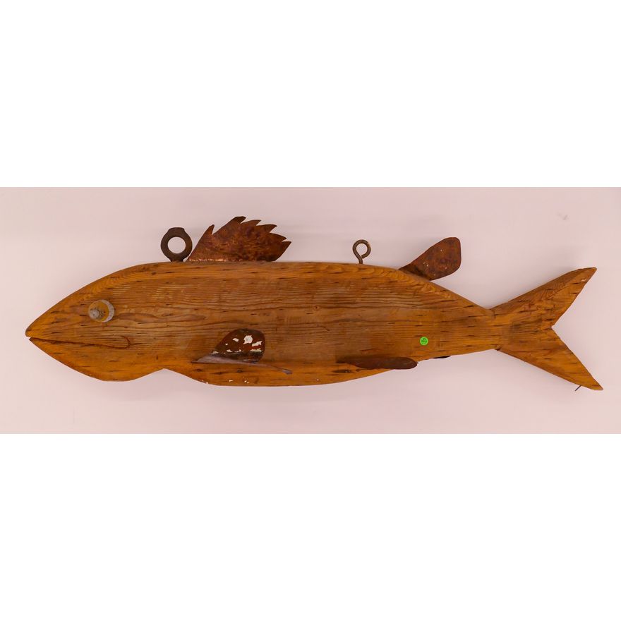 Large Folk Art Wood & Copper Hanging Fish Sculpture- 16x53''
