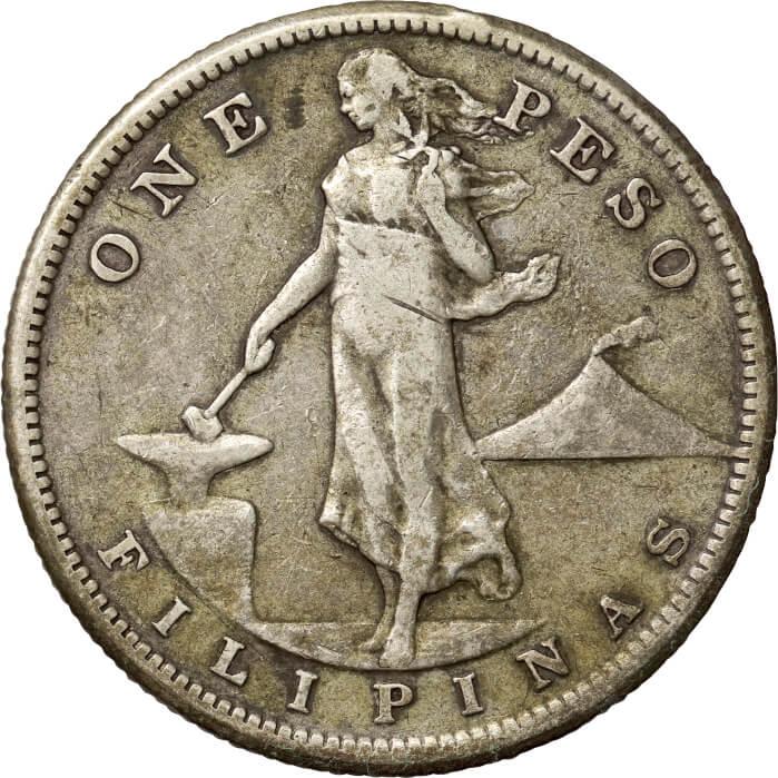 フィリピン-Philippines. 1907. 普. F. Silver. ﾍﾟｿ(Peso). 婦人立像と 