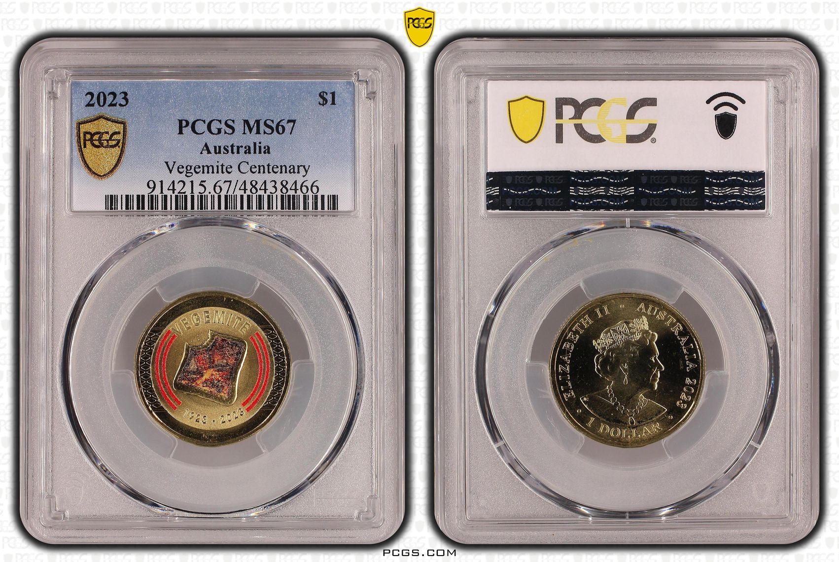 Vegemite Centenary Colourised, One Dollar, 2023, PCGS MS67