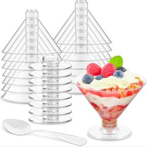 KUCOELE 5 OZ DESSERT CUPS WITH SPOONS, 40 PACK PLASTIC MARTINI GLASSES PARTY COCKTAIL GLASSES REUSABLE DESSERT SHOOTERS DRINKWARE
