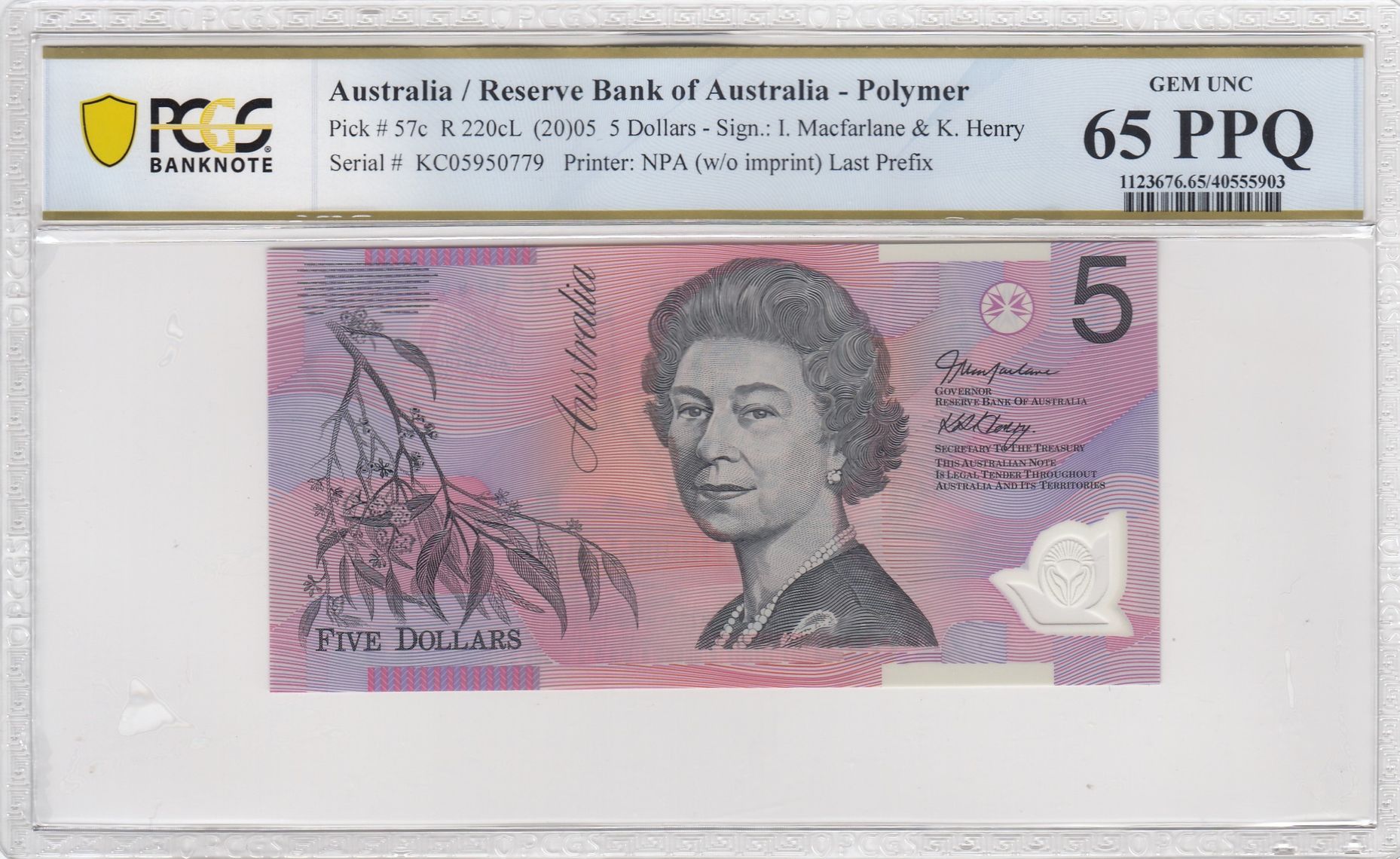 7 · Macfarlane/Henry, Last Prefix, Five Dollar, 2005, PCGS Gem UNC 65 PPQ