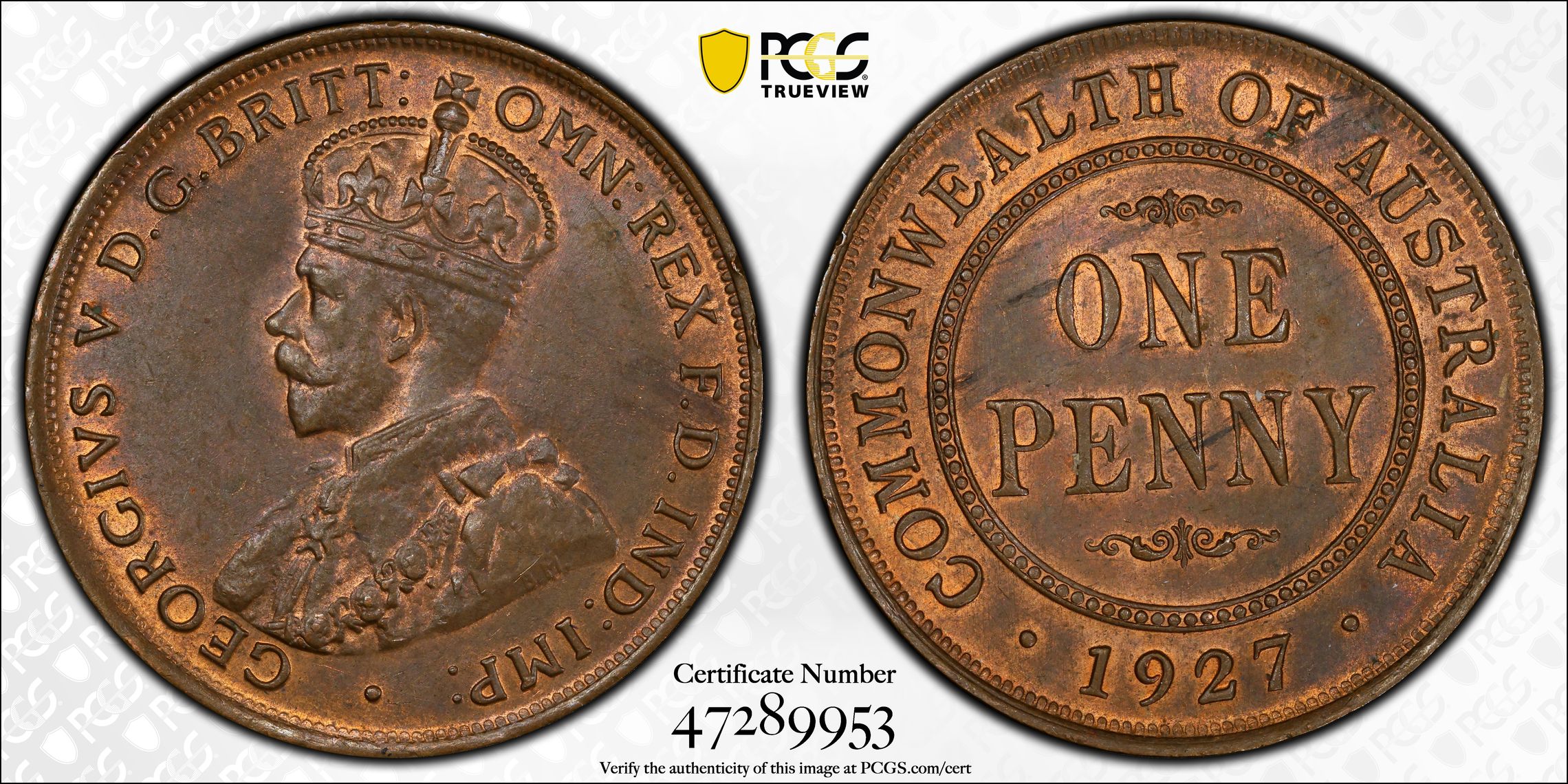 George V, English Obverse, Penny, 1927, PCGS MS63BN