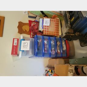 Plastic storage bins of cards, and arts and crafts