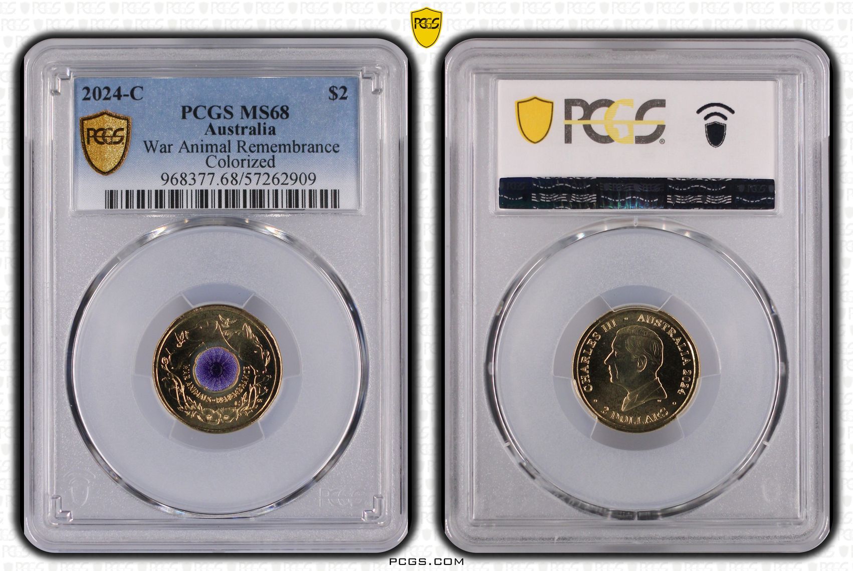 War Animal Remembrance Colourised, Two Dollar, 2024-C, PCGS MS68