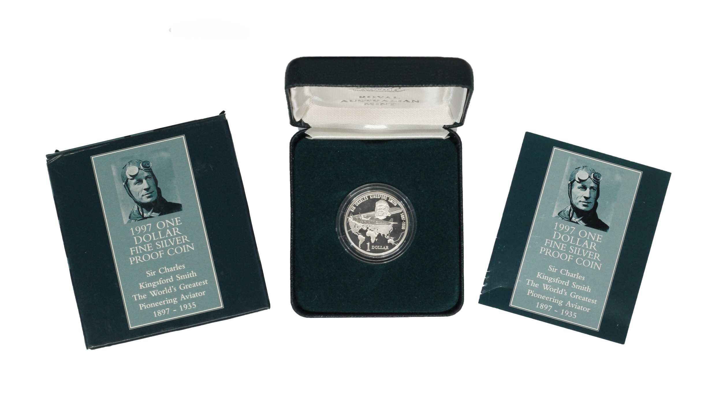 1997 RAM Sir $1 Charles Kingsford Smith Silver Proof Coin - Box & COA