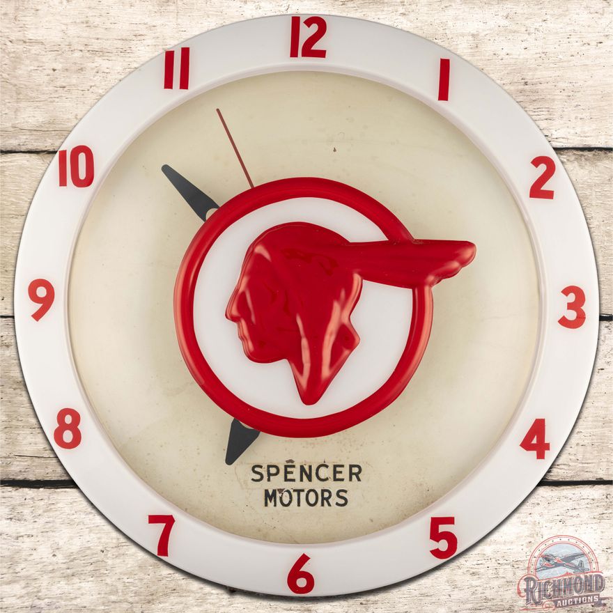 Pontiac Embossed Neon Advertising Clock Spencer Motors w/ Full Feather