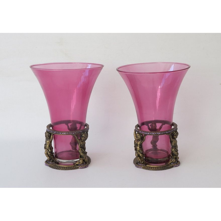 PAIR OF GLASS AND METAL VASES