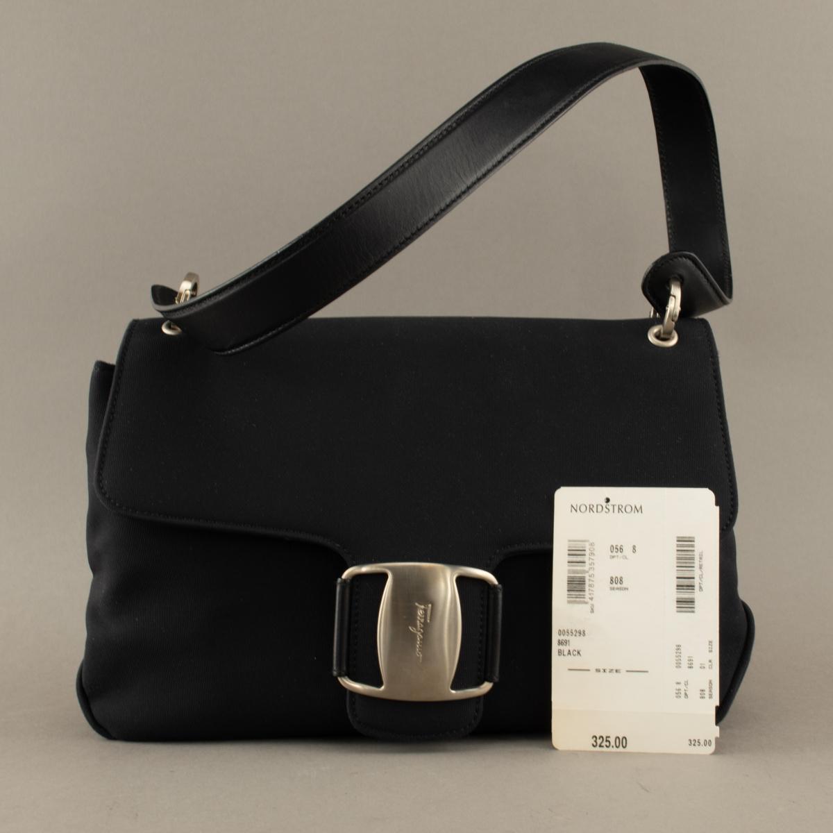 Salvatore Ferragamo Black Canvas Shoulder Bag with Metal Fittings