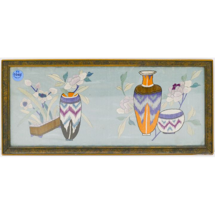 Old Chinese Silk Embroidered Vase & Flower Panel Framed 6.5''x14''