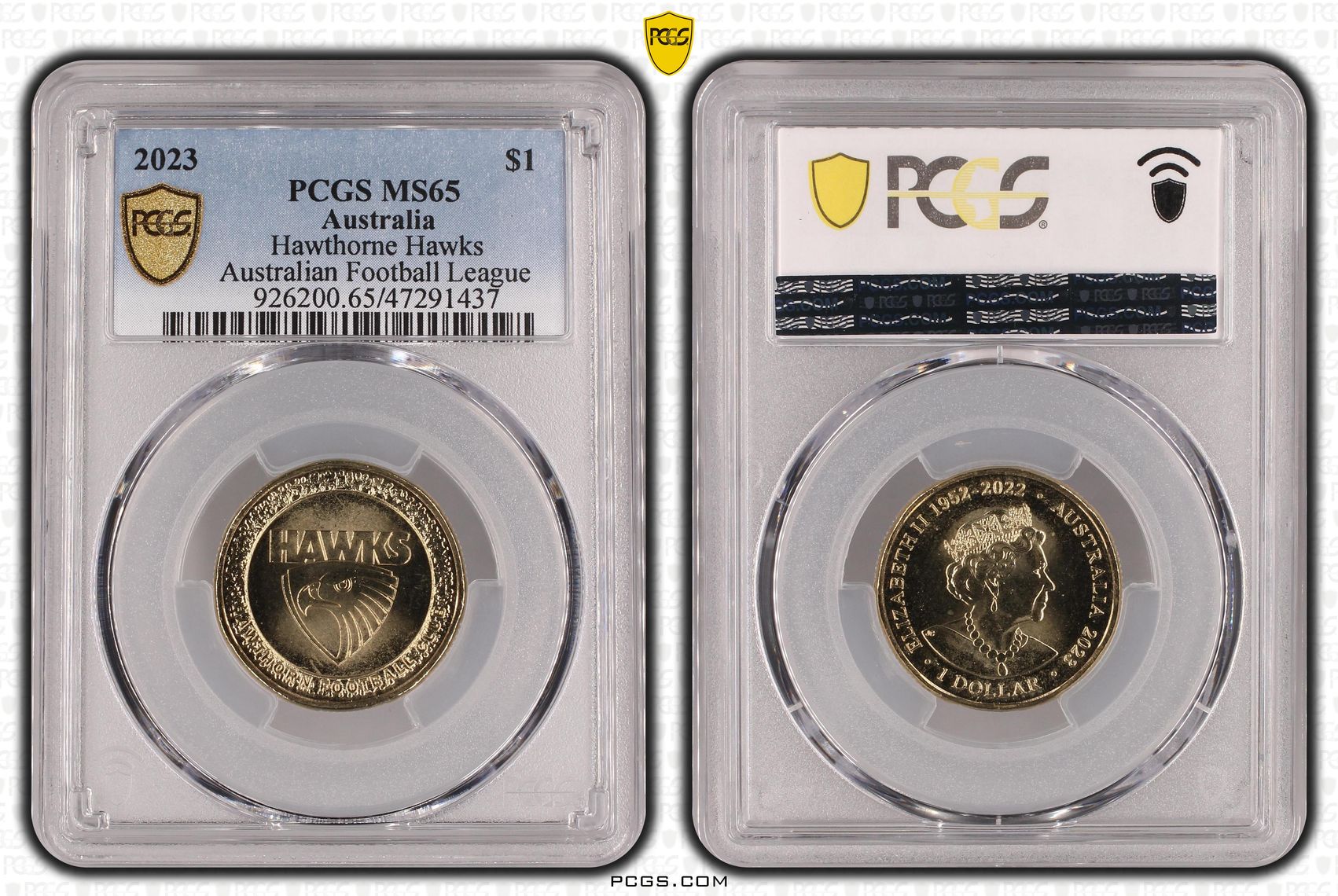Elizabeth II, AFL- Hawthorne Hawks , One Dollar, 2023, PCGS MS65