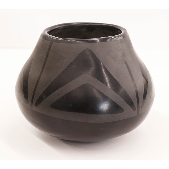 Marie & Julian Blackware Decorated Jar- professionally restored- 4.5x5.5''