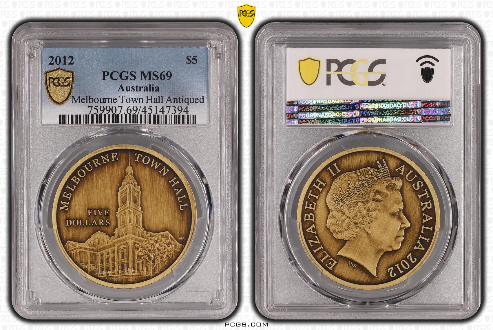 2012 Australia Five Dollar, $5 Melbourne Town Hall Antiqued PCGS - MS69 -394