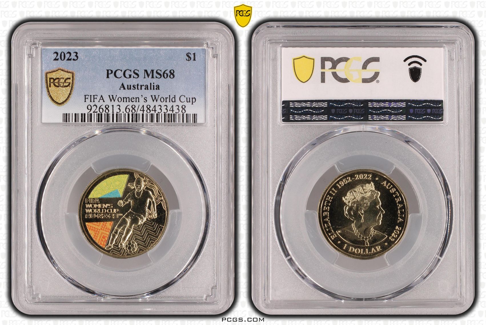 Elizabeth II, FIFA Women’s World Cup Colorized, One Dollar, 2023, PCGS MS68