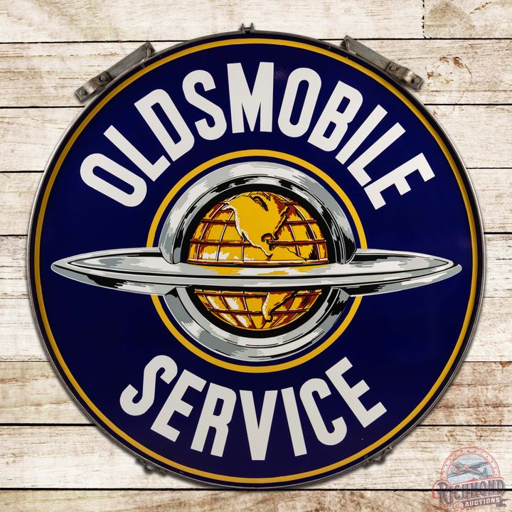 Outstanding Oldsmobile Service 60" Double Sided Porcelain Sign w/ Factory Ring "World Logo"
