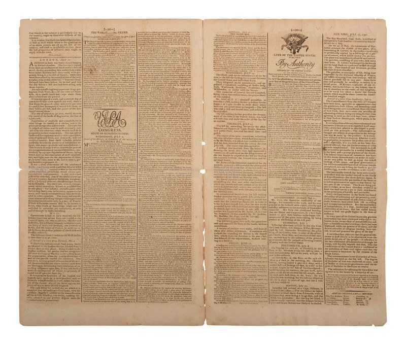 [WASHINGTON, DC]. Gazette of the United States. Vol. II, No. 28. New York: John Fenno, 17 July 1790. First newspaper printing of the Act establishing Washington, DC, as the Federal Capitol City.