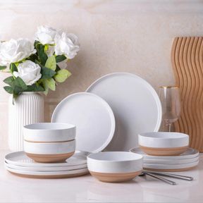 AMORARC CERAMIC DINNERWARE SETS FOR 4, 12 PIECES HANDPAINTED PLATES AND BOWLS SET WITH RUSTIC TERRACOTTA UNDERSIDE, SCRATCH RESIST