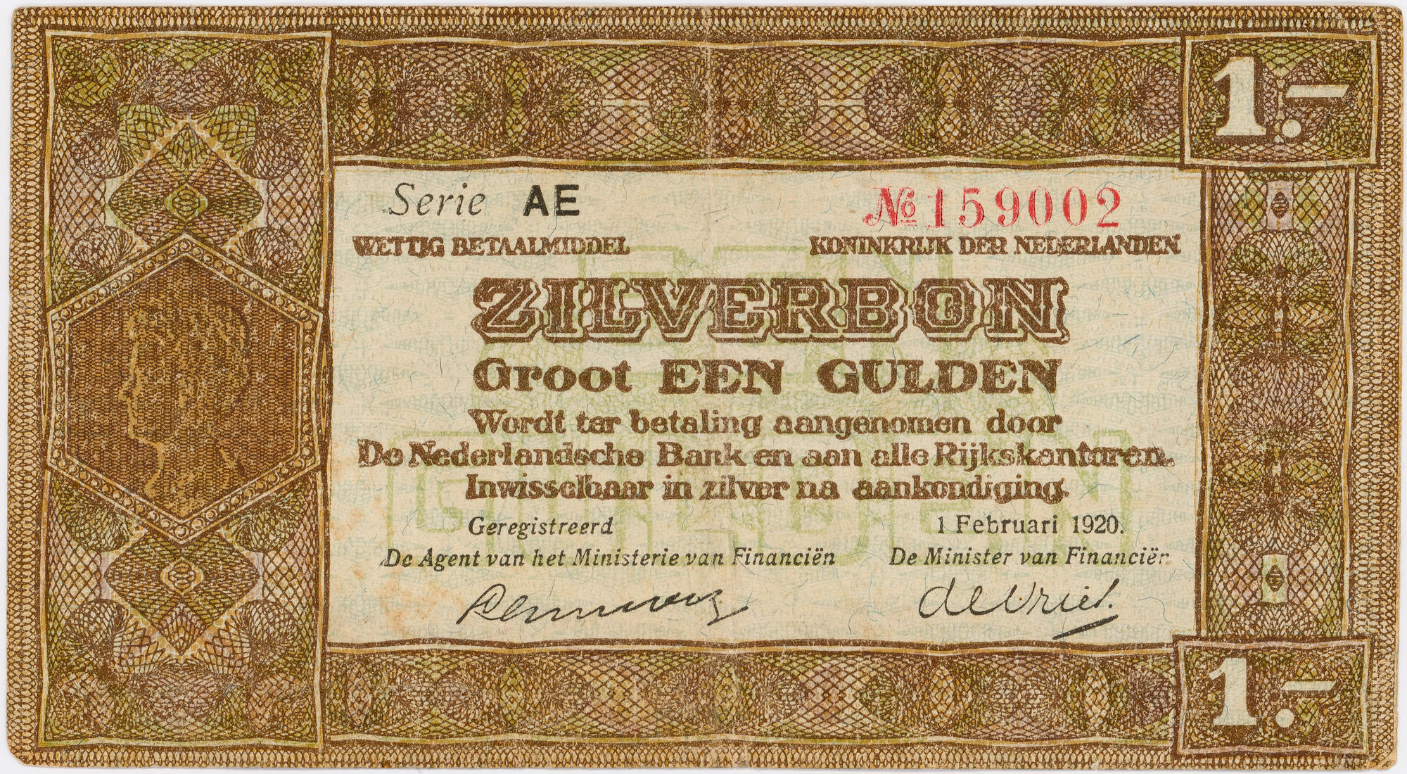 Netherlands, Silver Voucher, One Gulden, 1920, gF