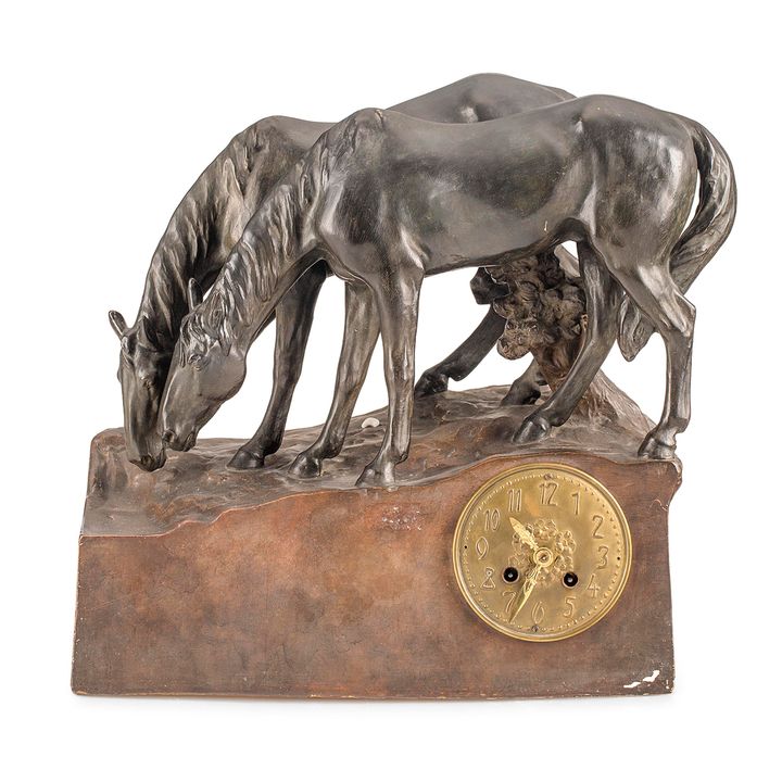 Zegar kominkowy z figurami koni, Friederich Goldscheider, Wiedeń, l. 1892–1938