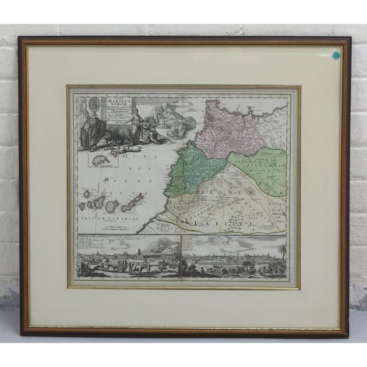 JOHANN BAPTISTE HOMANN - COLOURED ENGRAVING - MOROCCO AND CANARY ISLANDS, circa 1728