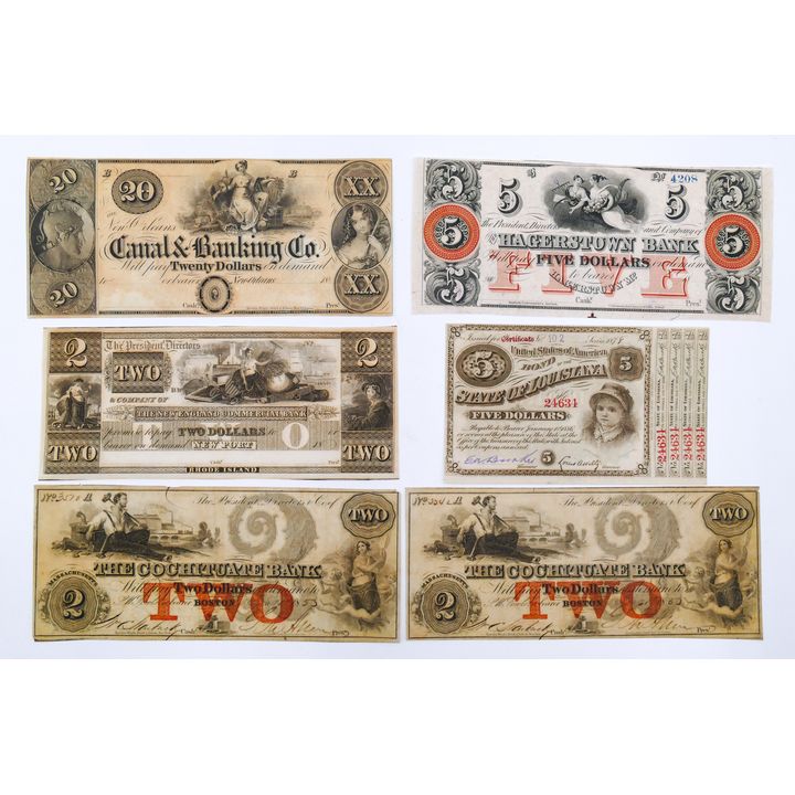 6pc American Civil War Currency Notes - Cochituate Bank, etc.