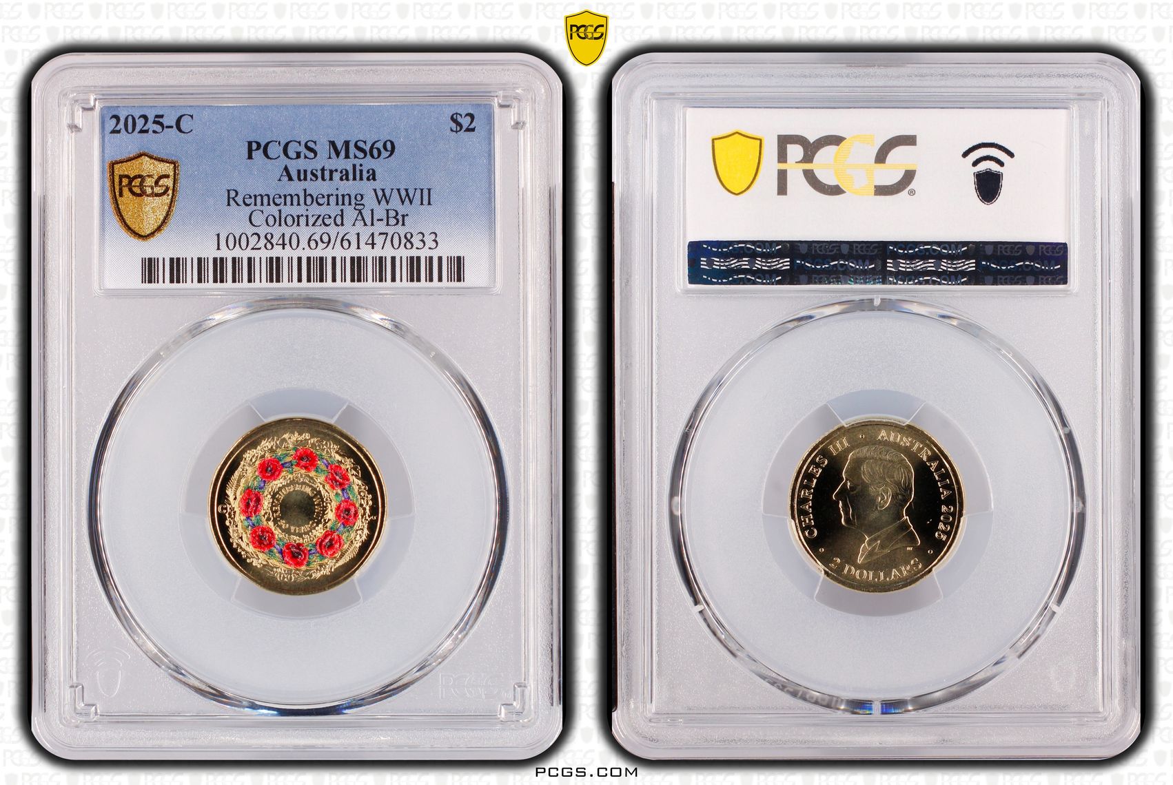 Remembering WWII Colourised AlBr, Two Dollar, 2025-C, PCGS MS69