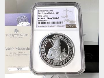 2022 ELIZABETH II BRITISH MONARCHS KING JAMES I SILVER 2oz PROOF £5 COIN PF70 UCAM