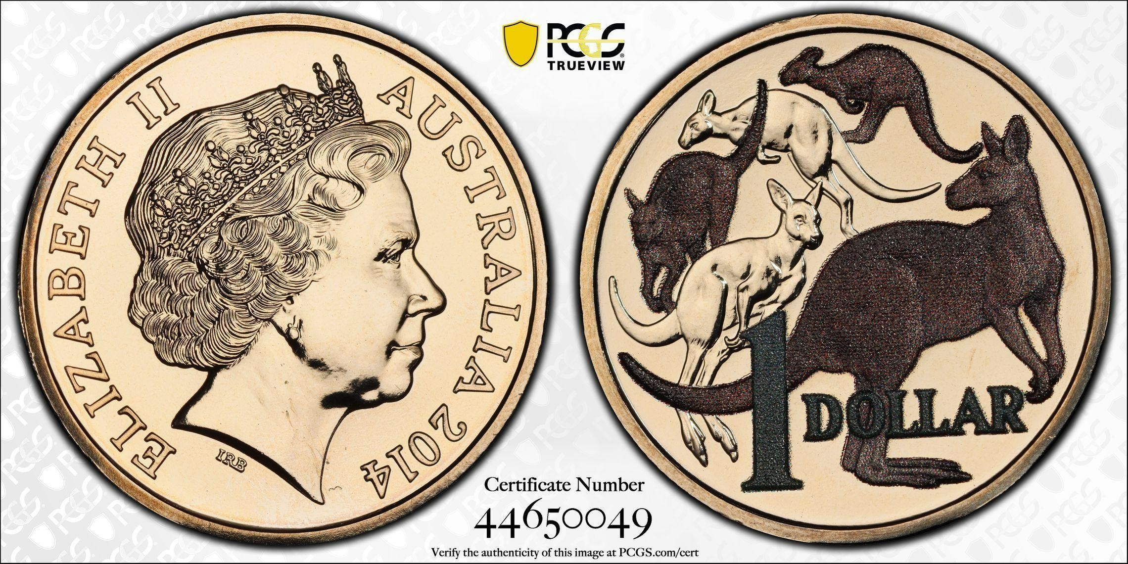 2014 Australia One Dollar, $1 Mob of Roos CuNi Colorized PCGS - MS68 -049