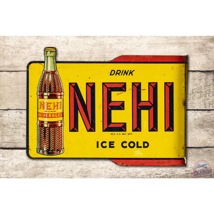 Drink Nehi Ice Cold w/ Die Cut Bottle Tin Flange Sign