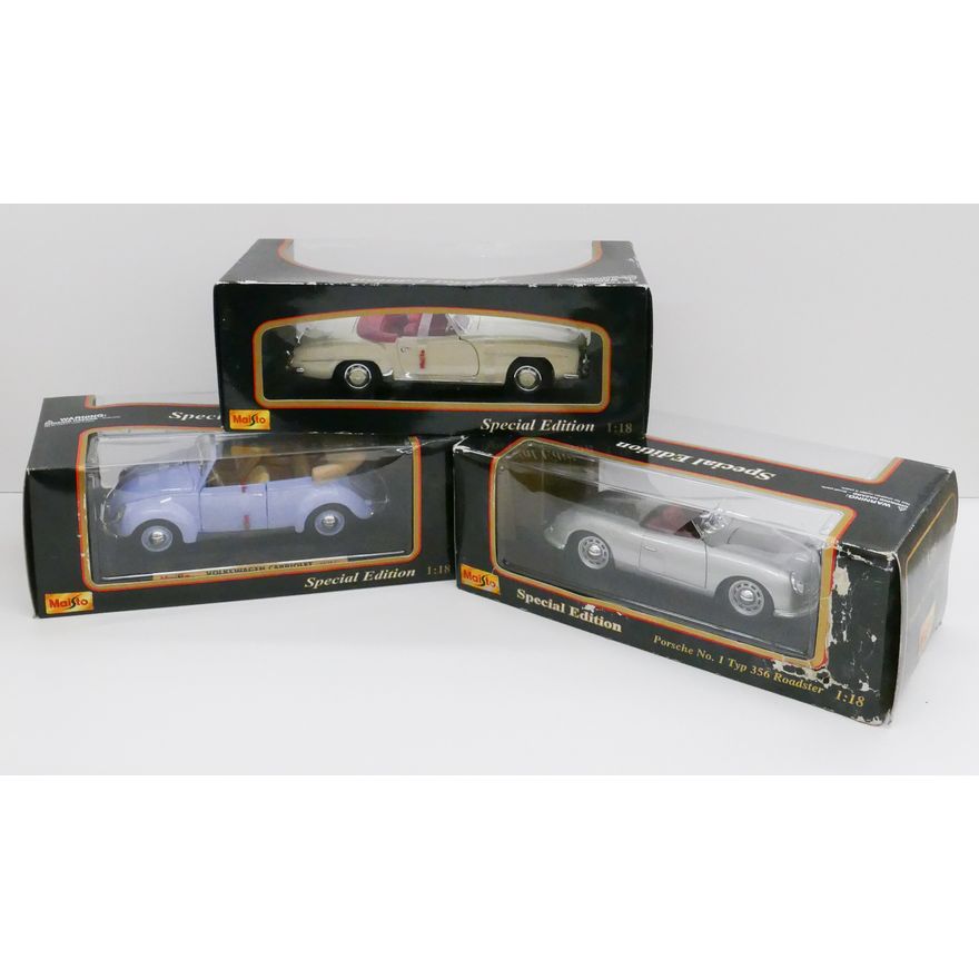 3pc NIB MaistoSpecial Edition 1:18 Scale European Car Models- Mercedes 190 SL, Porsche 356 Roadster, VW Beetle Cabriolet