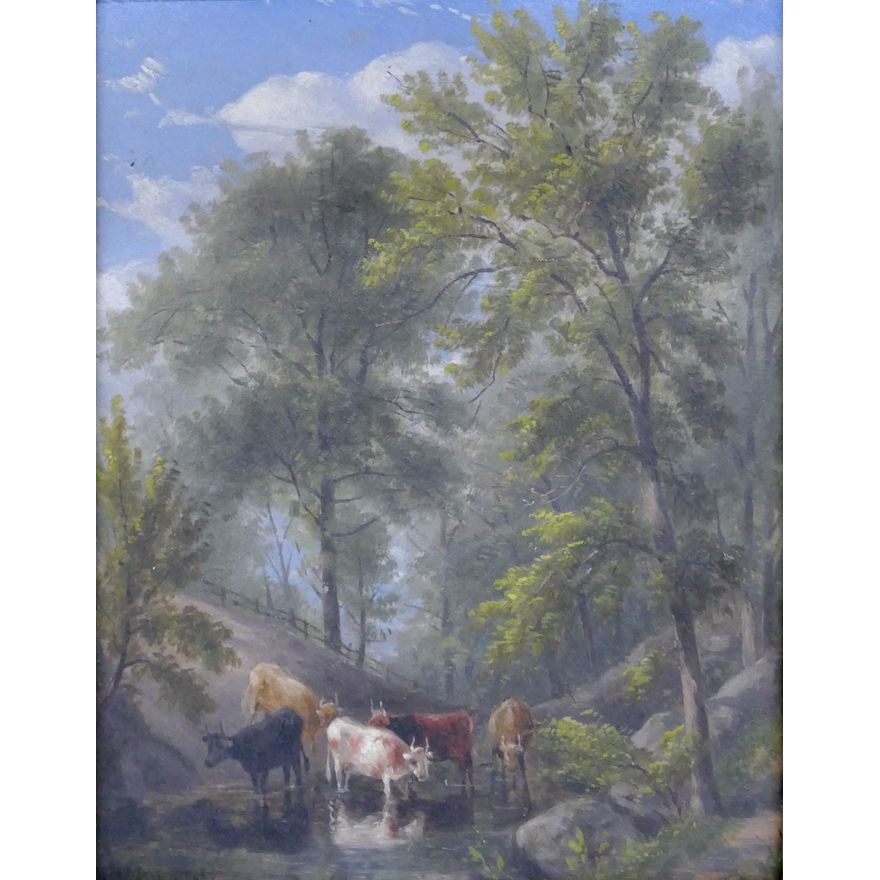 William Rickarby Miller (1818-1893 New York) 'West Chester Brook Scene with Cows' Oil on Board, 1881.