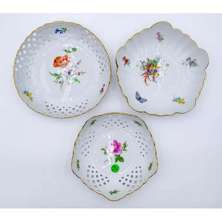 3pc Meissen Floral Porcelain Pierced Bowls 7'' to 8.5''
