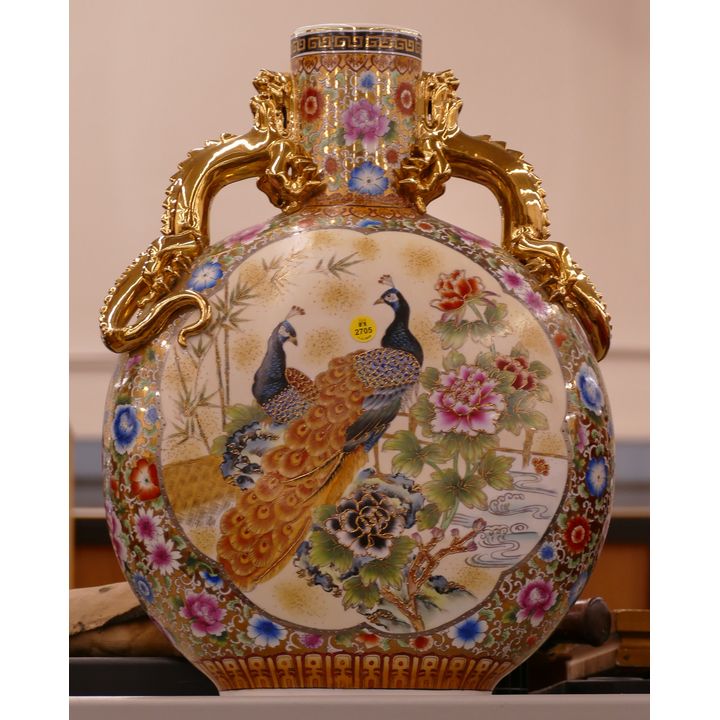 Chinese Gilt Large Porcelain Peacock Vase- 20x14''
