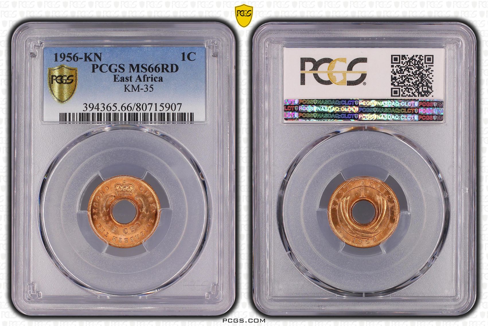 East Africa, One Cent, 1956-KN, PCGS MS66RD