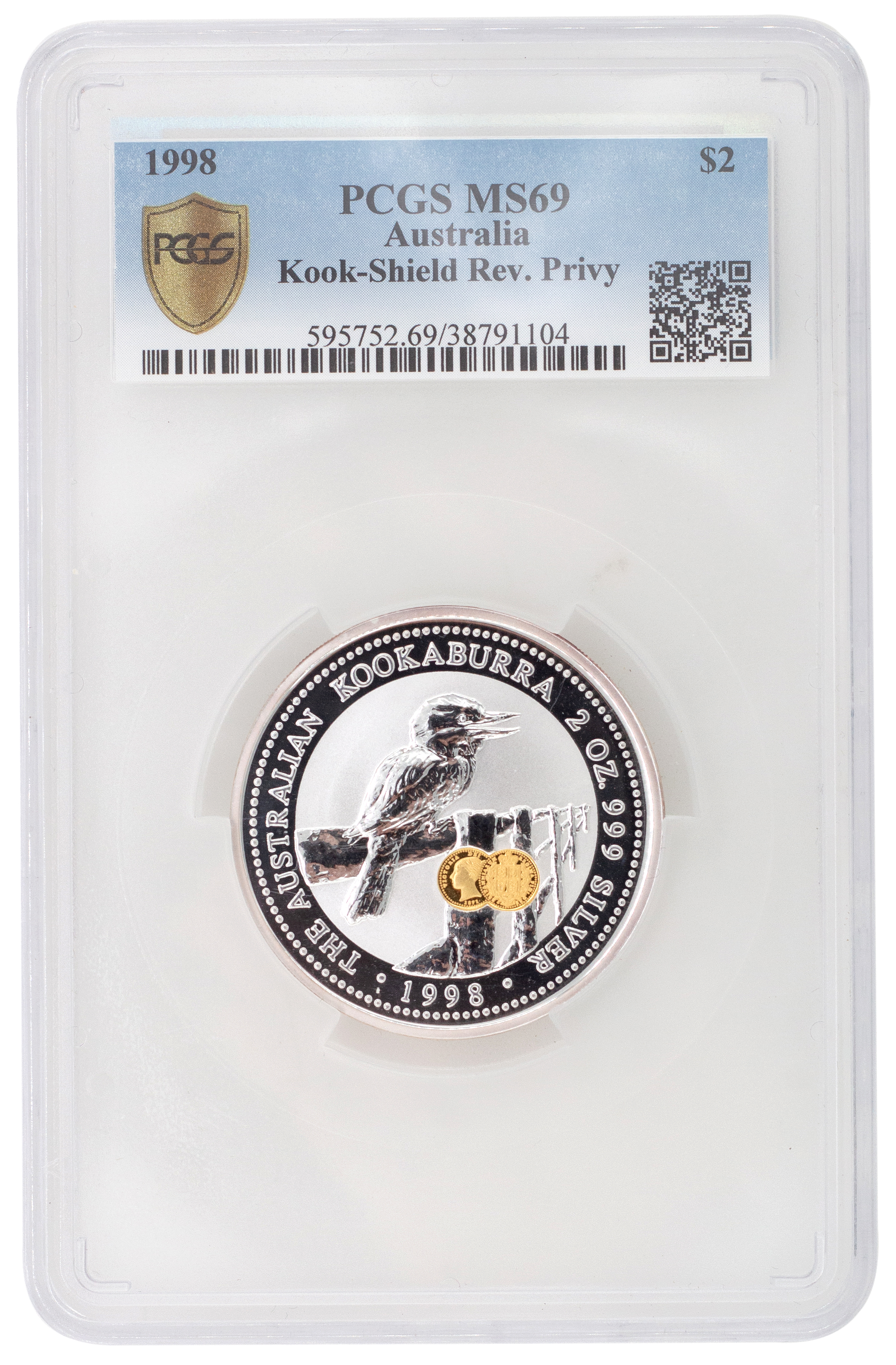 Elizabeth II, 2oz Kookaburra, Two Dollars, 1998, PCGS MS 69