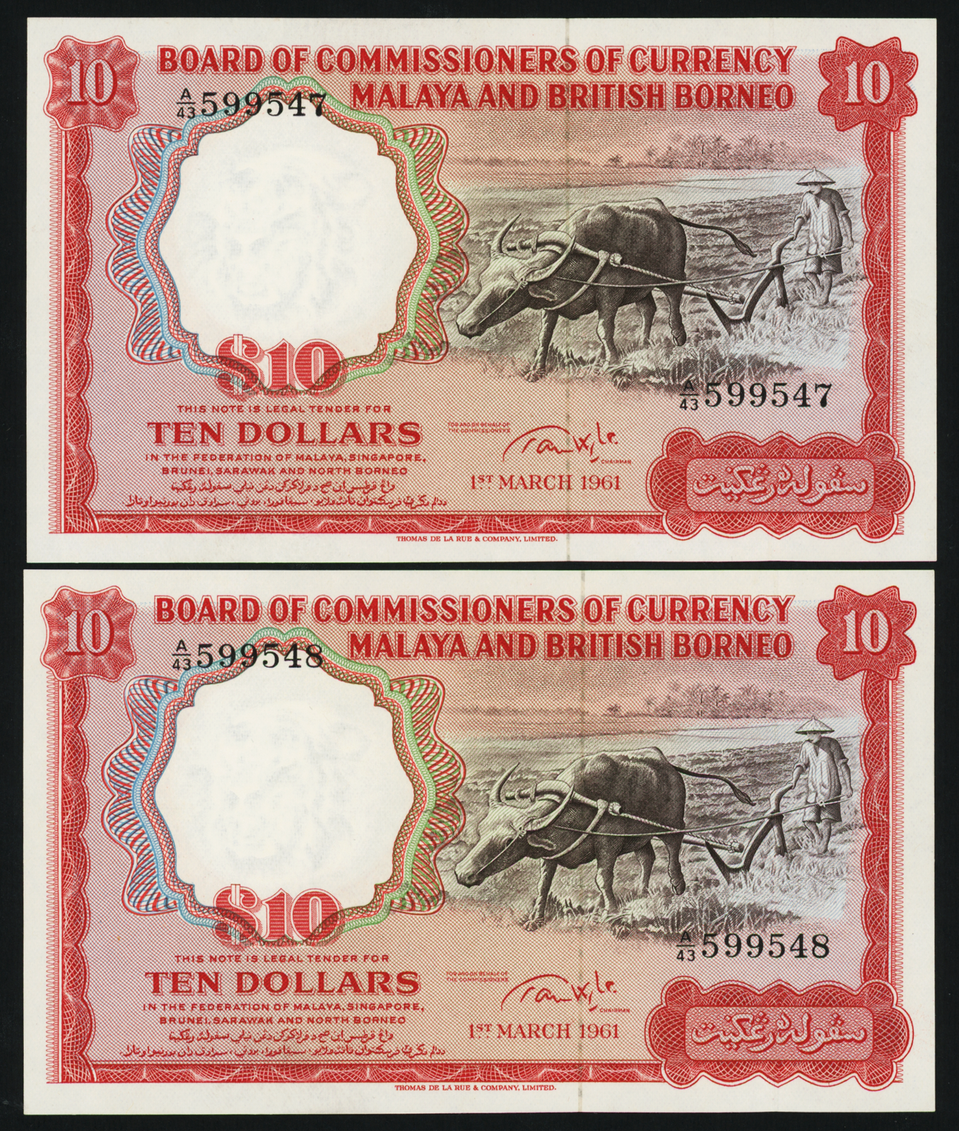 Malaya & British Borneo 1961 $10 Buffalo Small A/43 599547-548 AU