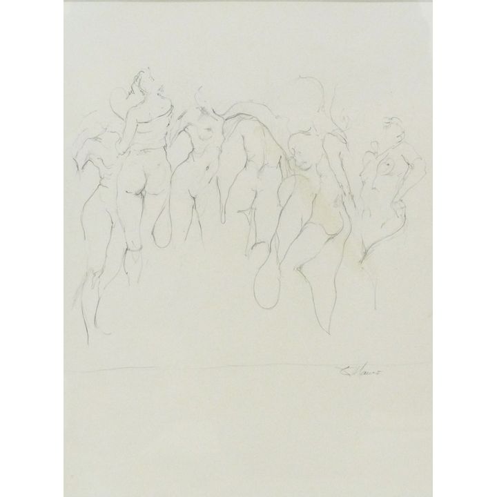 Gary Mauro ''Running Figures'' Graphite Drawing Framed 20''x17.5''