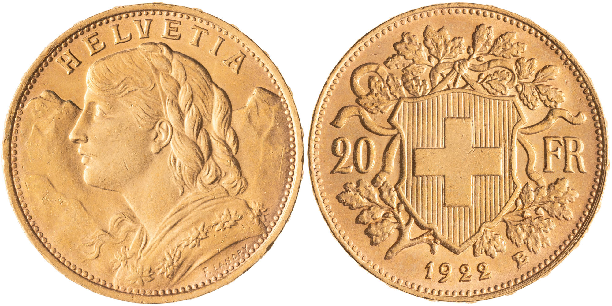 Switzerland, Vreneli, Twenty Francs, 1922-B, UNC