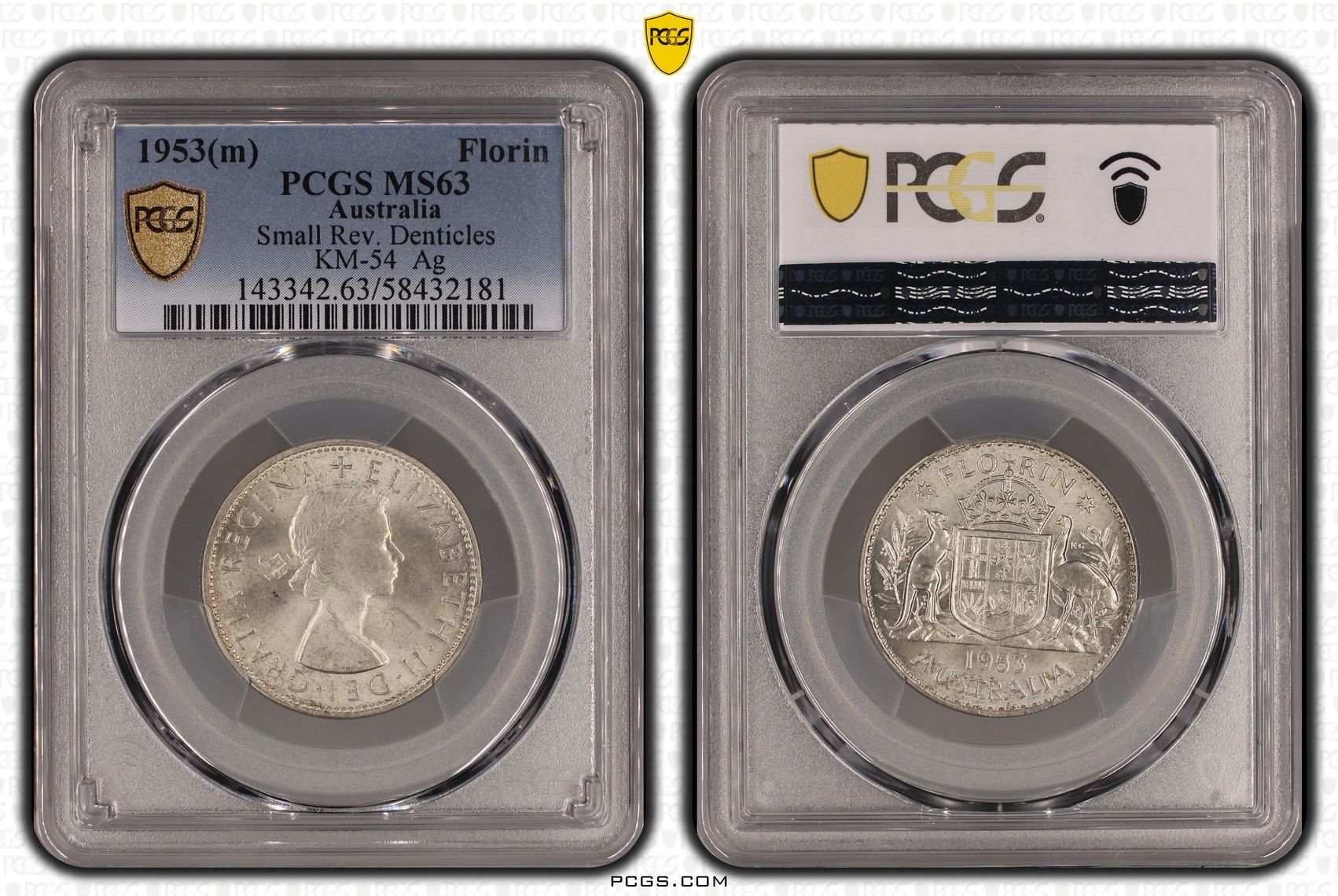 Small Rev. Denticles KM-54 Silver, Florin, 1953(m), PCGS MS63