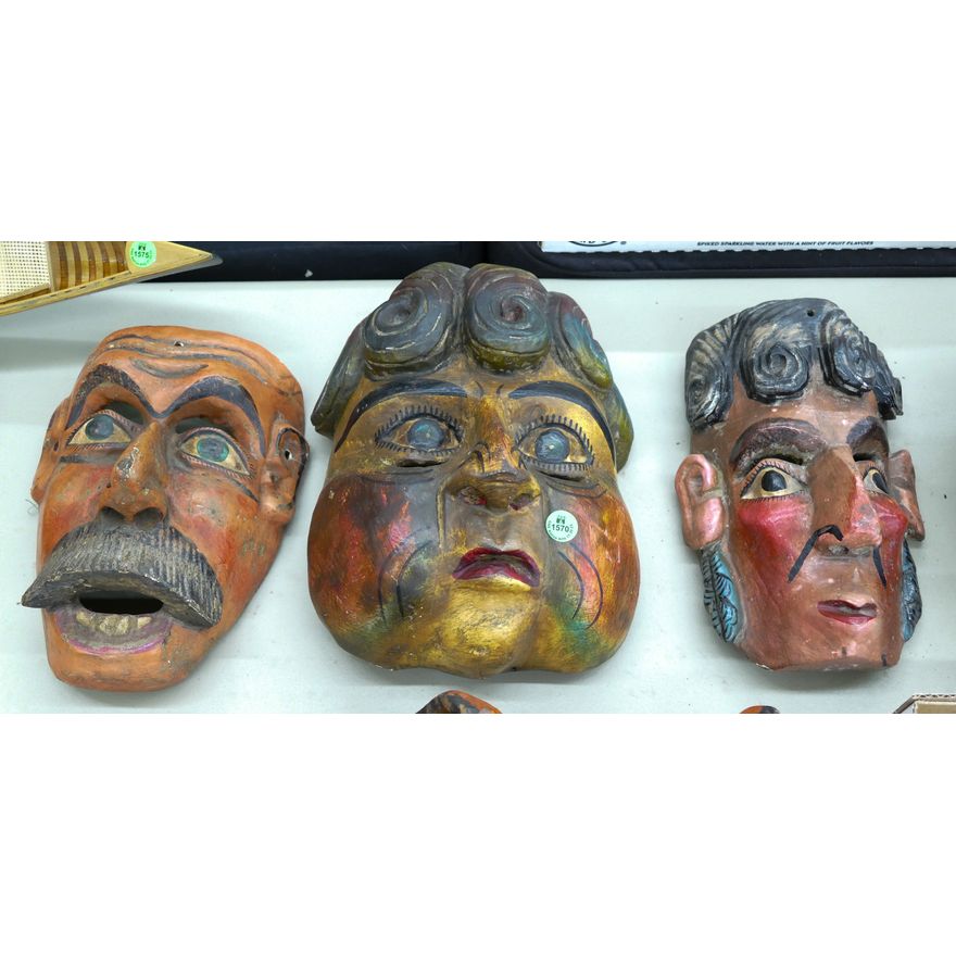 3pc Old Mexican Painted Wood Portrait Masks 9'' to 11''