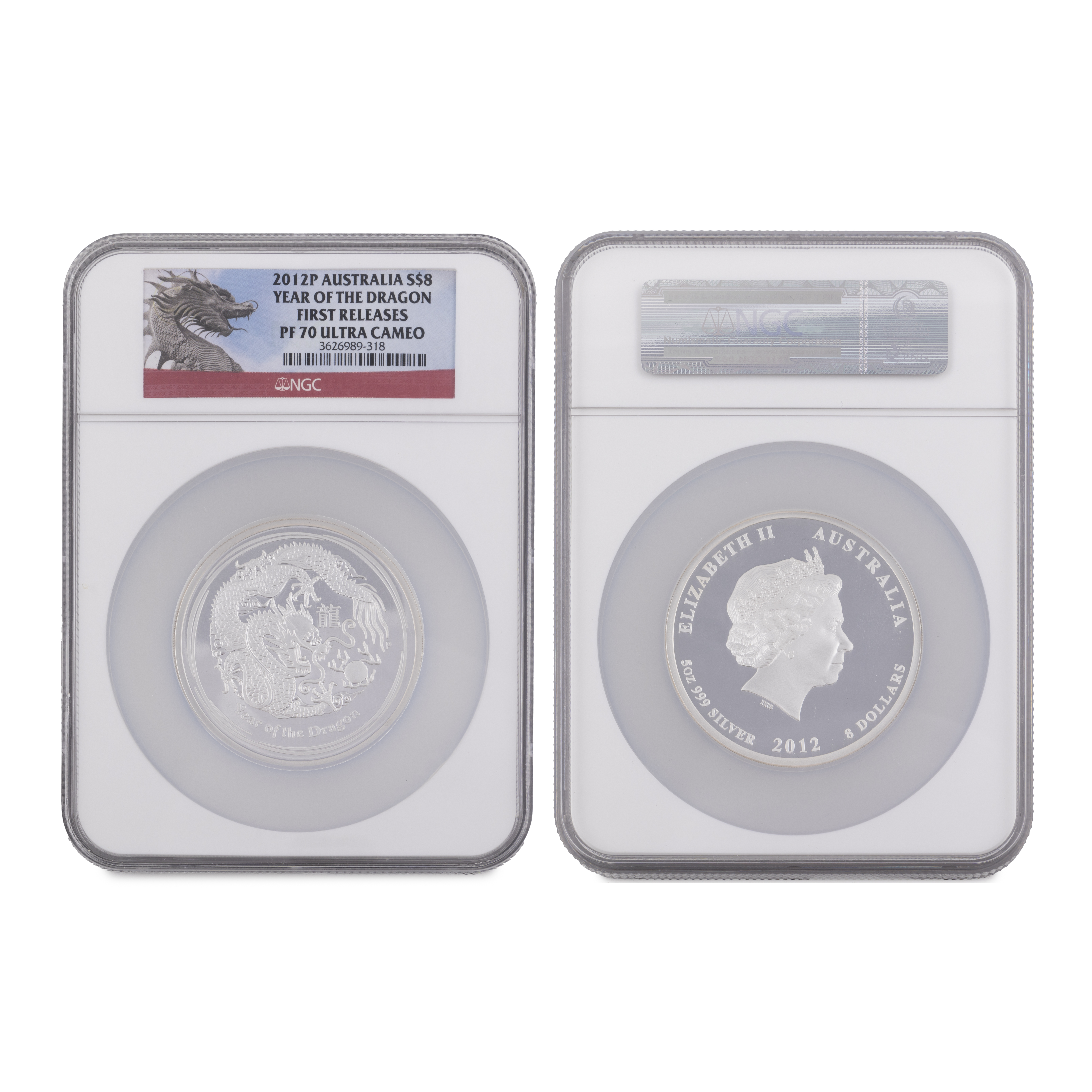 78 · Elizabeth II, 5oz Silver Proof Year of the Dragon First Release, Eight Dollar, 2012P, NGC FDC